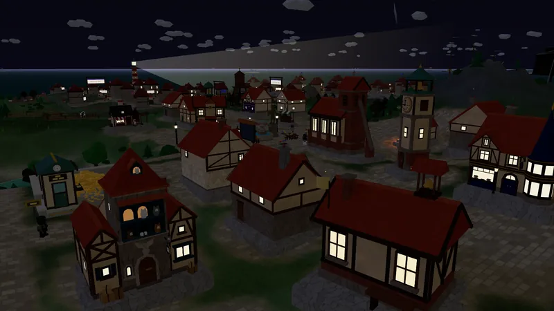 The shops round the square at night, their windows lit warm yellow, with the lighthouse beam sweeping the sky behind.