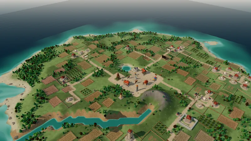 A younger island: a small town square with a water tower, fields and orchards and a handful of houses by a river.